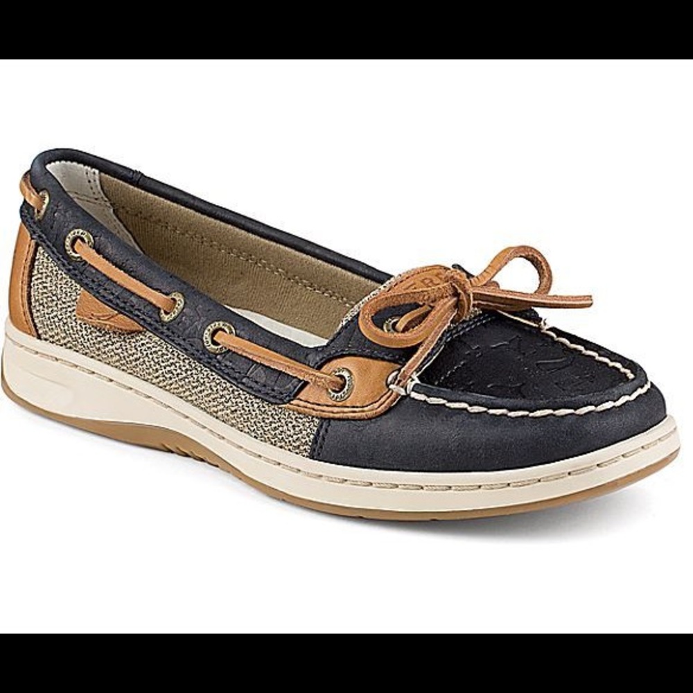 NEVER WORN navy blue and tan whale imprint Sperrys